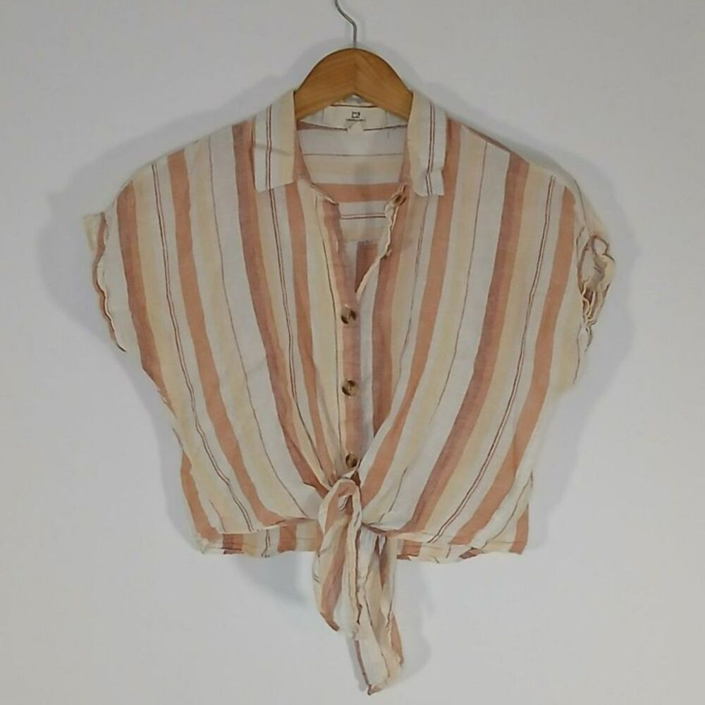 Thread & Supply Striped Linen Cotton Tie Front Top Small Coastal Boho Cottage